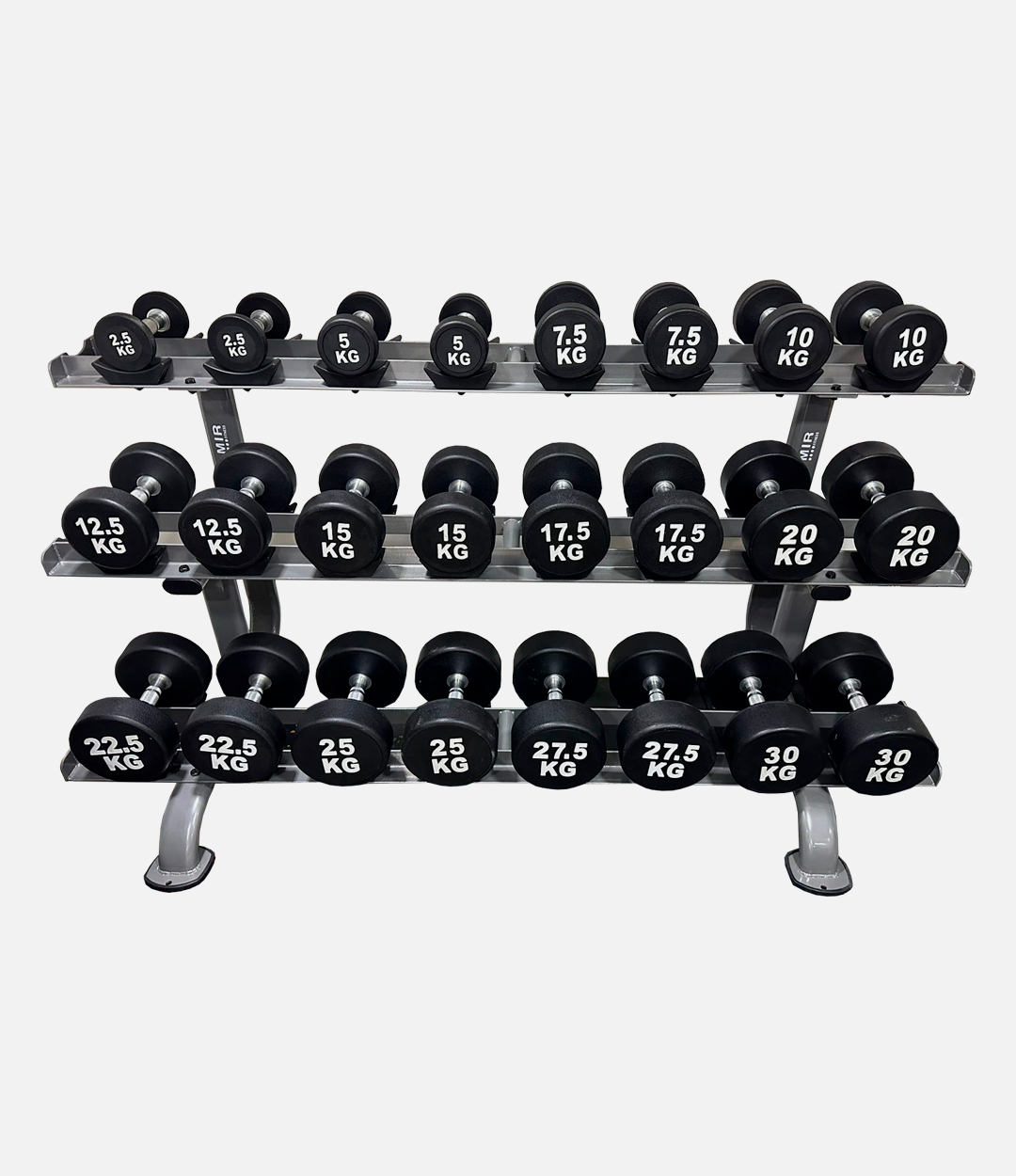 Set de mancuernas de goma redondas sin logo de 2,5kg a 30kg. Total 390kg  (12 pares) – MIR Fitness